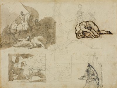 騎兵隊の戦いのスケッチ、牛のいる風景、その他の作品 作： Jean Louis André Théodore Géricault