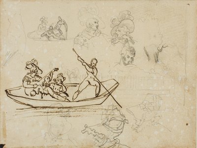 音楽船上パーティーと背の高い帽子をかぶった女性のスケッチ 作： Jean Louis André Théodore Géricault