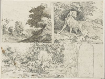 森の中のスケッチ、犬とキジのいる風景 作： Jean Louis André Théodore Géricault