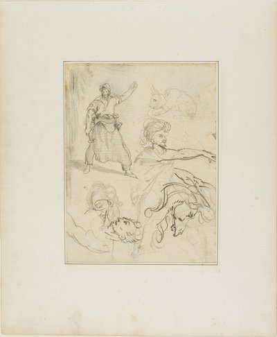 鍛冶屋と馬の頭の習作と他の人物とウサギのスケッチ 作： Jean Louis André Théodore Géricault