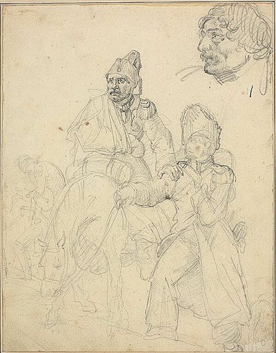 人物群像の習作、擲弾兵の頭部詳細付き 作： Jean Louis André Théodore Géricault