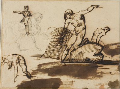 馬に乗ったナポレオンの習作と岩の中の裸婦のスケッチ 作： Jean Louis André Théodore Géricault