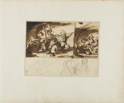 騎馬戦の3つのスケッチと2つのスケッチ 作： Jean Louis André Théodore Géricault