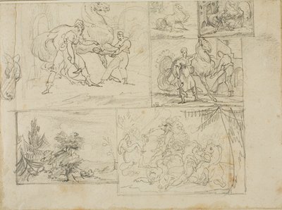 森の風景と騎兵隊の戦いのスケッチを含む3つの習作 作： Jean Louis André Théodore Géricault