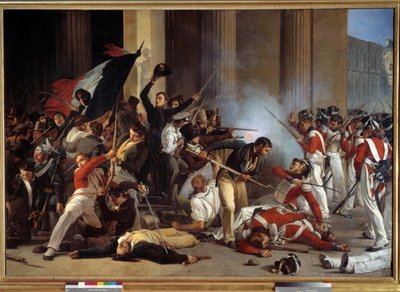 1830年の革命。"Three Glorieuses, prise du louvre le 29/07/1830 et massacre des guards swiss" Jean Louis Bezard (1799-apres 1861) 画 1830 Sun.1,76 x 2,45 m Paris, musee Carnavalet - 1830年の革命。「ルーブル美術館の奪取 作： Jean Louis Bezard