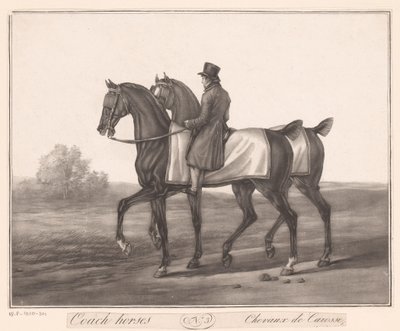 ライダーが 2 頭の馬をガイドします。 Chevaux de Carosse (オブジェクトのタイトル) 作： Jean Louis Darcis (attributed to)