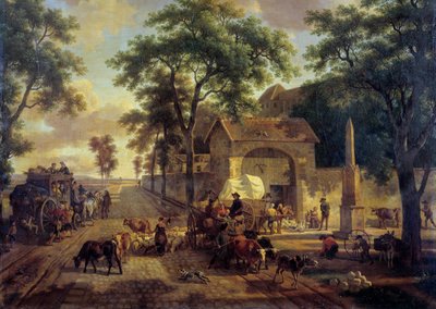 農民の荷車、牛や羊飼いのいる風景道路。ジャン・ルイ・ドゥマルヌ（1744-1829）19世紀の作品。薄い。0.5x0.61m 作： Jean Louis Demarne