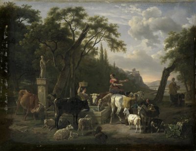 噴水で羊飼いと動物とイタリアの風景 作： Jean Louis Demarne