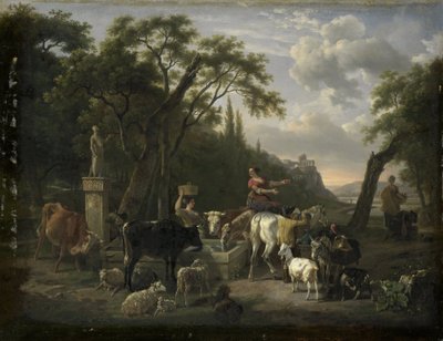 羊飼いと噴水のあるイタリアの風景 作： Jean Louis Demarne