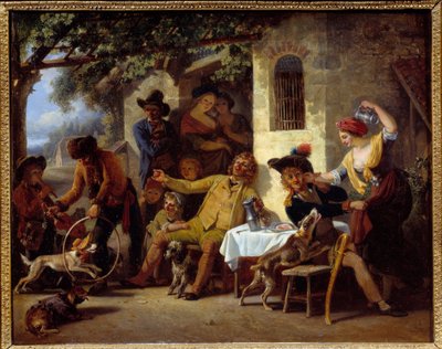 宿屋の前のソルトムス ジャン・ルイ・ドゥマルヌ（1744-1829）の絵画 1823年 グルノーブル、ボザール美術館 作： Jean Louis Demarne