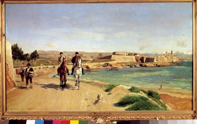 アンティーブ、馬に乗る姿。画家とその息子シャルル（1848-1917）の絵。アーネスト・ミーソニエ（1815-1891）の絵 作： Jean Louis Ernest Meissonier