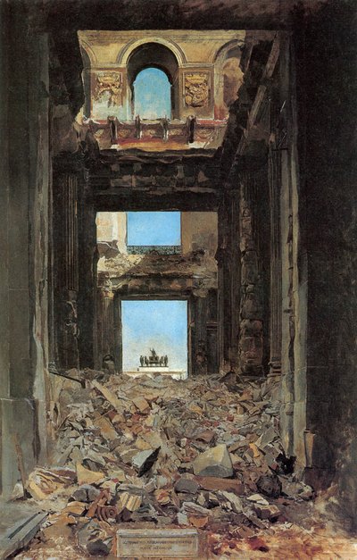 1871年の1877年のコミューン後のチュイルリー宮殿の遺跡。 作： Jean Louis Ernest Meissonier