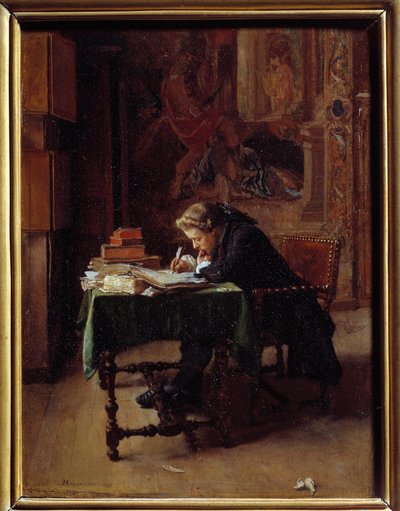 彼のオフィスで書いている若い男アーネストメソニエによる絵画 作： Jean Louis Ernest Meissonier