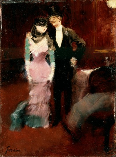 19世紀後半または20世紀初頭のパリオペラ座に仮面舞踏会を去る。 作： Jean Louis Forain