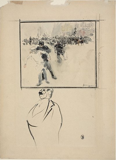 組み立てられた暴動シーンと男性のスケッチ (直訳); ボンネットの女 (裏面) 作： Jean Louis Forain