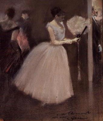 ファンと一緒の白衣の女、1884年 作： Jean Louis Forain
