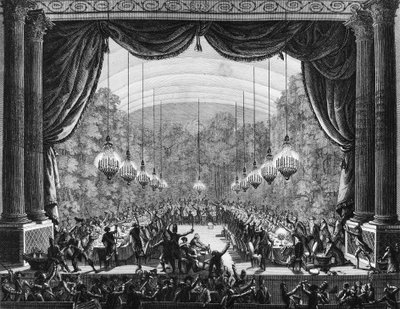 フランス革命。1789年10月1日、フランドル連隊からの同志の到着を祝うためにヴェルサイユ城のオペラルームで行われた護衛隊の宴席。プリオールの後にベルソーが描いた版画。パリ、フランス国立研究所の図書館 作： Jean Louis II (after) Prieur