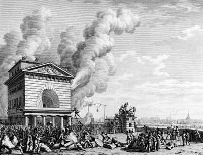 フランス革命。1789年7月12日、パリで開催された会議の障壁の火。プライヤーの後にベルソーが描いた版画。パリ、革命史研究所の書庫。 作： Jean Louis II (after) Prieur