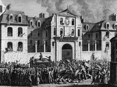 フランス革命。1789年7月13日月曜日、革命派によるパリのサンラザール邸の略奪。プリオールの後にベルソーが描いた版画。パリ、革命史研究所の図書館 作： Jean Louis II (after) Prieur