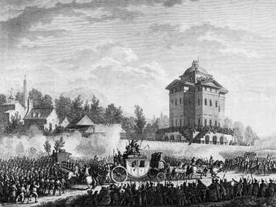 フランス革命。1791年6月20日、21日にヴァレンヌで逮捕された王室の帰還。国王ルイ16世とマリー・アントワネットは、1791年6月25日にパリに戻された。プライヤーの描いた絵の後のエングレーヴィング。パリ、歴史研究所の図書館 作： Jean Louis II (after) Prieur