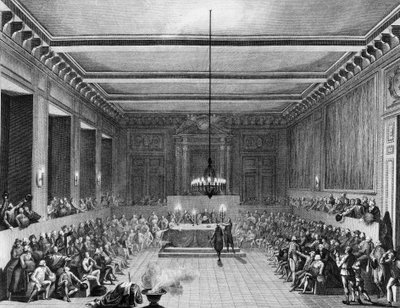 フランス革命。1790年1月15日、パリのコミューンがイギリス人のクリストファー・ジョン・ウィリアムズ・ネシャム（1771-1853）を叙任。ベルソー・ダプレ・プリュールの版画 パリ、革命史研究所付属図書館 作： Jean Louis II (after) Prieur