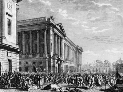 フランス革命。1789年7月13日、パリのコンコルド広場にある家具番（または家具倉庫、現在のホテル・ド・ラ・マリーン）での武器の略奪：外国の連隊による首都の包囲を心配した群衆がトーチカの武器を押収しました。 作： Jean Louis II (after) Prieur