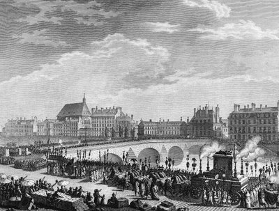 フランス革命。1791年7月11日のフランソワ・マリー・アルエ・ディット・ヴォルテール（1694-1778）の凱旋（ヴォルテールの遺骸のフネーブル・タンクは王宮橋を通過する）。プリオールの後にベルソーが描いたエングレーヴィング。パリ、歴史研究所の図書館 作： Jean Louis II (after) Prieur