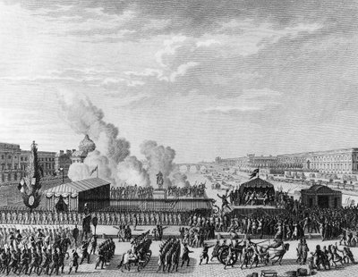 フランス革命。7月22日、パリのポンヌフでのボランティア活動 作： Jean Louis II (after) Prieur