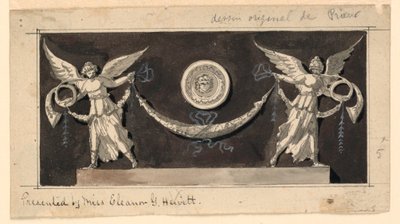 装飾パネル: メダリオンの下のスワッグを支える名声 作： Jean Louis Prieur the Younger
