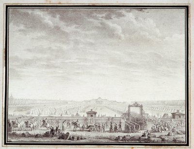 フランス革命Jean-Louis Prieur (1759-1795)による18世紀の水墨画「Les troupes du Champ-de-Mars departing for Place Louis XV: 12 juillet 1789」。寸法0.17x0.23 m パリ、カルナヴァレ美術館 作： Jean Louis the Younger Prieur