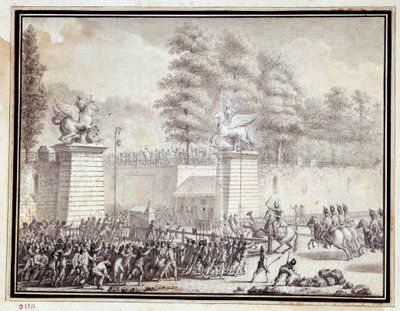 フランス革命"Monsieur de Lambesc entering the Tuileries with a detachment from the Royal German Regiment on 12 July 1789" Drawing in ink and wash by Jean-Louis Prieur (1759-1795) 作： Jean Louis the Younger Prieur