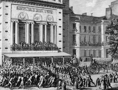 フランス革命。7月12日、パリ・オペラ座を閉鎖する革命派の人々 作： Jean Louis the Younger Prieur