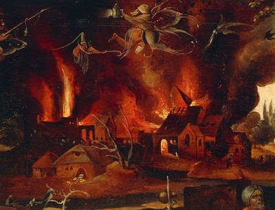 ヤン・マンディン（1500-1560）による「聖アンソニーの誘惑」、炎に包まれた街と悪魔を描いたディテール。 作： Jean Mandyn