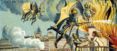 空飛ぶ消防士。 2000 年、1899 年のシリーズのビジョンから 作： Jean Marc Côté