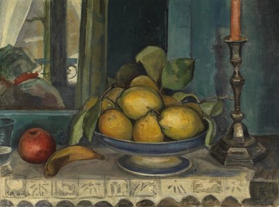 果物とローソク足のある静物、1920年頃（キャンバスに油彩） 作： Jean Marchand
