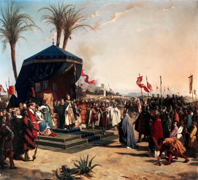 1249 年にダミエッタでエルサレム総主教ロバートを迎えるフランス王セントルイス 作： Jean Marie Oscar Gué