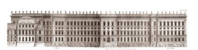 パリのルーヴル美術館、ジャン・ロレンツォ・ベルニーニのプロジェクト：セーヌ川に面した主ファサードの立面図 - ジャック・フランソワ・ブロンデルの「フランスの建築」より - セーヌ川に面した主ファサードの立面図 - ベルニーニのプロジェクト - ジャン・マロのエングレーヴィング 作： Jean Marot