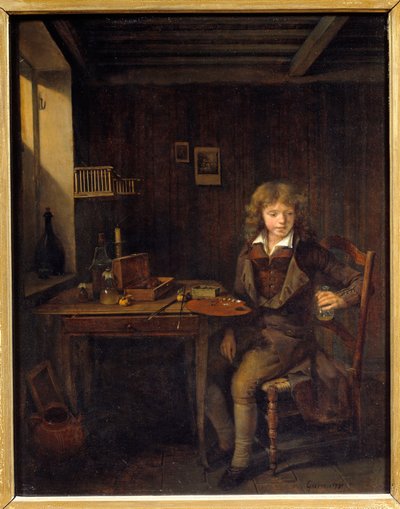 師匠の色を準備する若い学生ジャン・ミシェル・グロボン（1770-1853）による絵画19世紀リヨン、美術館 作： Jean Michel Grobon
