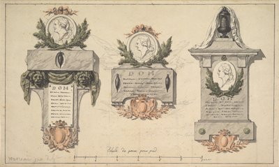 葬祭用モニュメントまたは墓碑銘のための3つのデザイン、約1770-90年。 作： Jean Michel Moreau