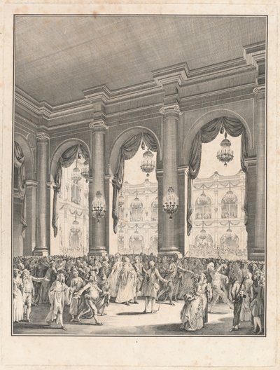 仮面舞踏会 - 1782 年 1 月 23 日、王太子モンシニョールの誕生を祝うパーティー 作： Jean Michel Moreau the Younger