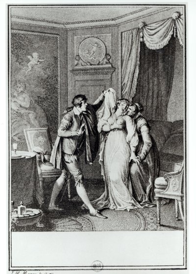 「そのベールを脱ぎなさい」と老人はカンディデに言った、フランソワ・ヴォルテール（1694-1778）による「カンディデ」の第7章のイラスト1787（彫刻）（bw写真） 作： Jean Michel the Younger Moreau