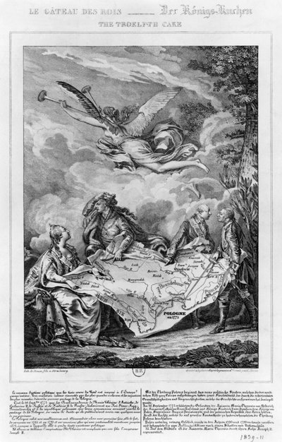 1772年9月26日のポーランドの最初のパーティションであるTroelfth Cakeは、Noel Le Mire（1724-1800）（リソ）によって彫刻されています（bw写真） 作： Jean Michel the Younger Moreau