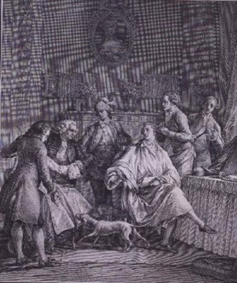 P.A.マルティーニ（1739-97）が彫った「紳士の化粧室」。 作： Jean Michel the Younger (after) Moreau