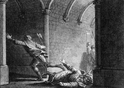 681年、ネウストリア宮殿の市長エブロインの暗殺：彼は財産を奪った領主ハーマンフロイに斧で殺された。ジャン・ミシェル・モロー（モロー・ル・ジュン）（1741-1814）の版画 作： Jean Michel the Younger Moreau