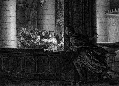 シャルルマーニュの陰謀（792年）：フランク王の殺害を企む陰謀者たちの会話を領主が盗み見る。その中にはシャルルマーニュの息子であるペピン・ザ・ボース（769-811）も含まれていた。ジャン・ミシェル・モロー（Moreau le Jeune）によるエングレーヴィング（1741年 作： Jean Michel the Younger Moreau