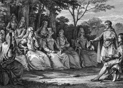トルバドゥールのいる中世の愛の宮廷 - Jean Michel Moreau, dit Moreau le Jeune (1741-1814) のエングレービング 作： Jean Michel the Younger Moreau