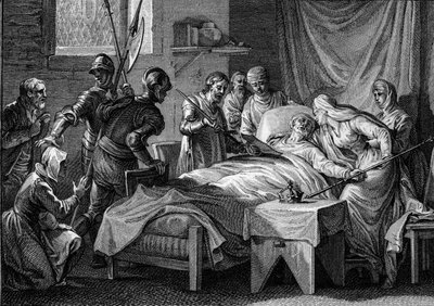 シャルル2世（823年〜877年）の死と継承、877年：王は帝冠、金の笏、サン・ピエトロの剣、そして息子のルイ・ザ・ベグを継承することを指定した遺言書を皇后に手渡した。Jによる刻印 作： Jean Michel the Younger Moreau