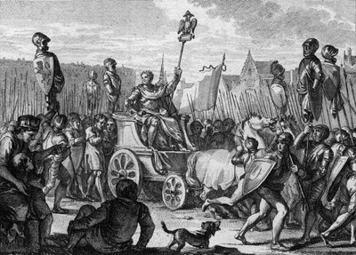 フィリップ2世アウグスト（1165-1223）が、ブーヴィネスの戦いでフランス軍がオトン4世のフランドル人とウェルフ人に勝利した後、パリの街で汚したもの。 作： Jean Michel the Younger Moreau