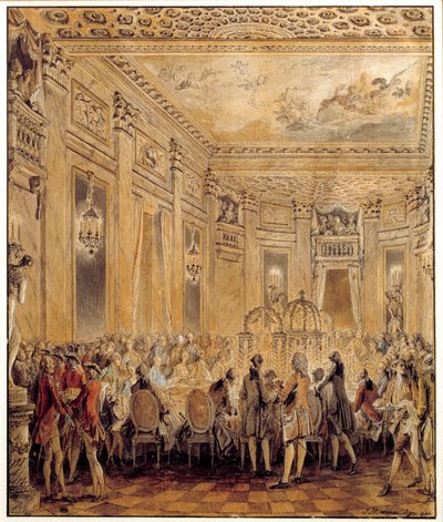 1771年9月2日、ルイ15世の愛人であったバリー伯爵夫人（または夫人）ジャンヌ・ベキュがルーヴシエンヌ城で行った饗宴 ジャン・ミシェル・モロー・ル・ジューン（1741-1814）による水彩画。日 0,31x0,26 m パリ、ルーヴル美術館 作： Jean Michel the Younger Moreau