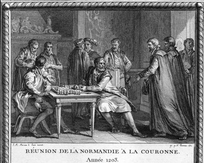 1203年のノルマンディーのフランスへの帰属：フランス王フィリップ・オーギュストによるルーアンのコンケットの知らせを受けたジャン・サンス・テール（1167-1216）の姿を描いた版画。モロー・ル・ジューンの版画 作： Jean Michel the Younger Moreau